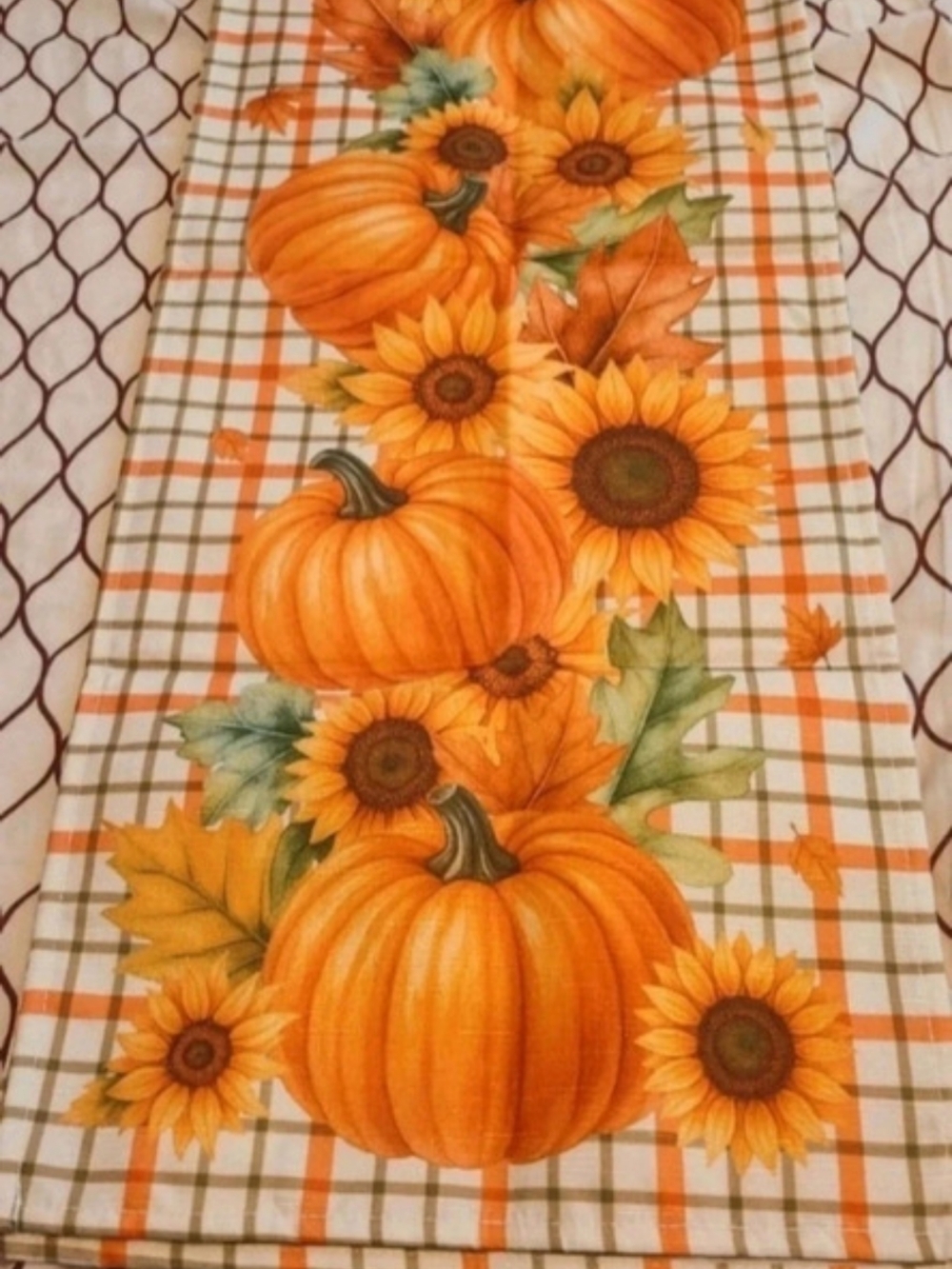 Pumpkin & Sunflower Plaid Kitchen Table Runner in Orange & White